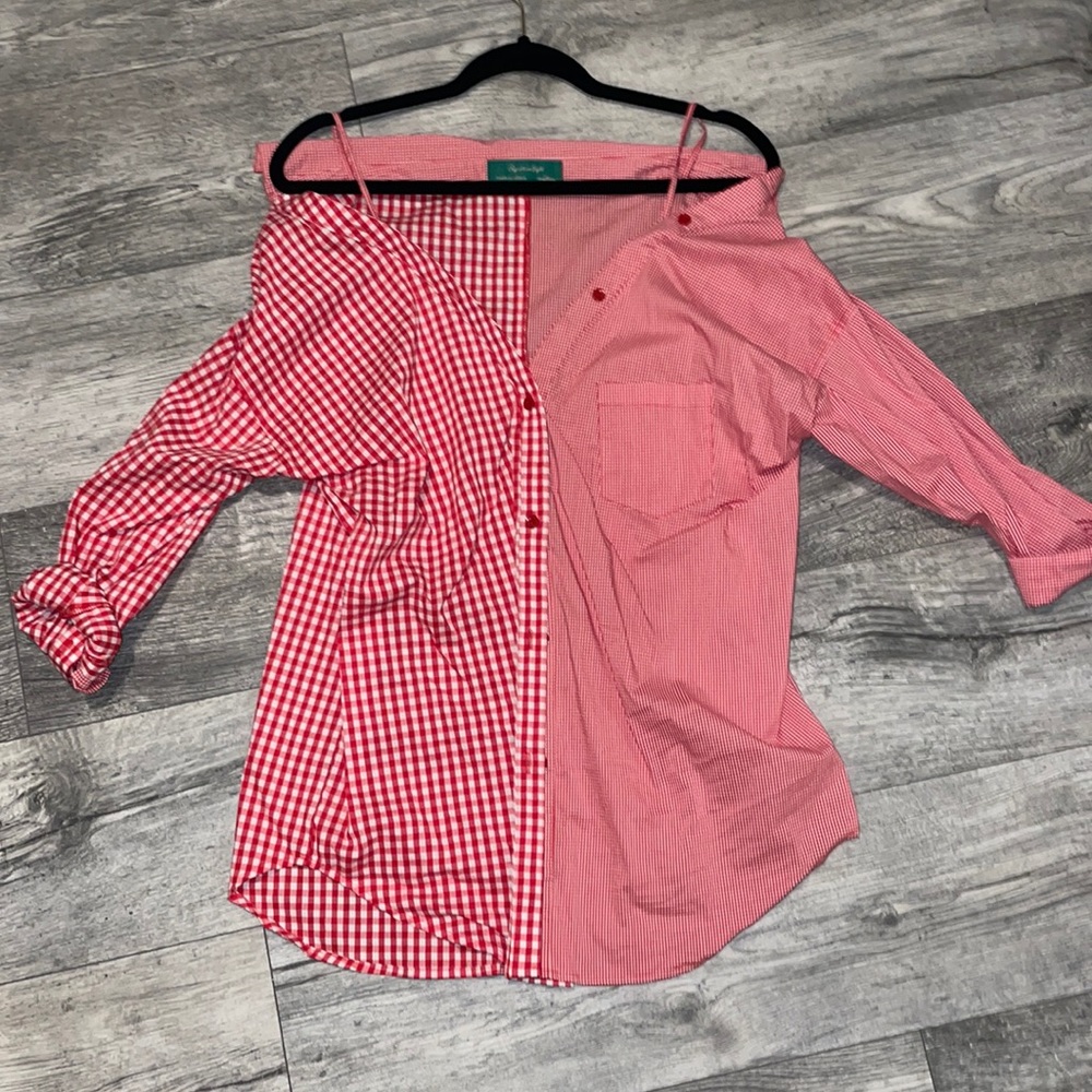 Red plaid off the shoulder button up